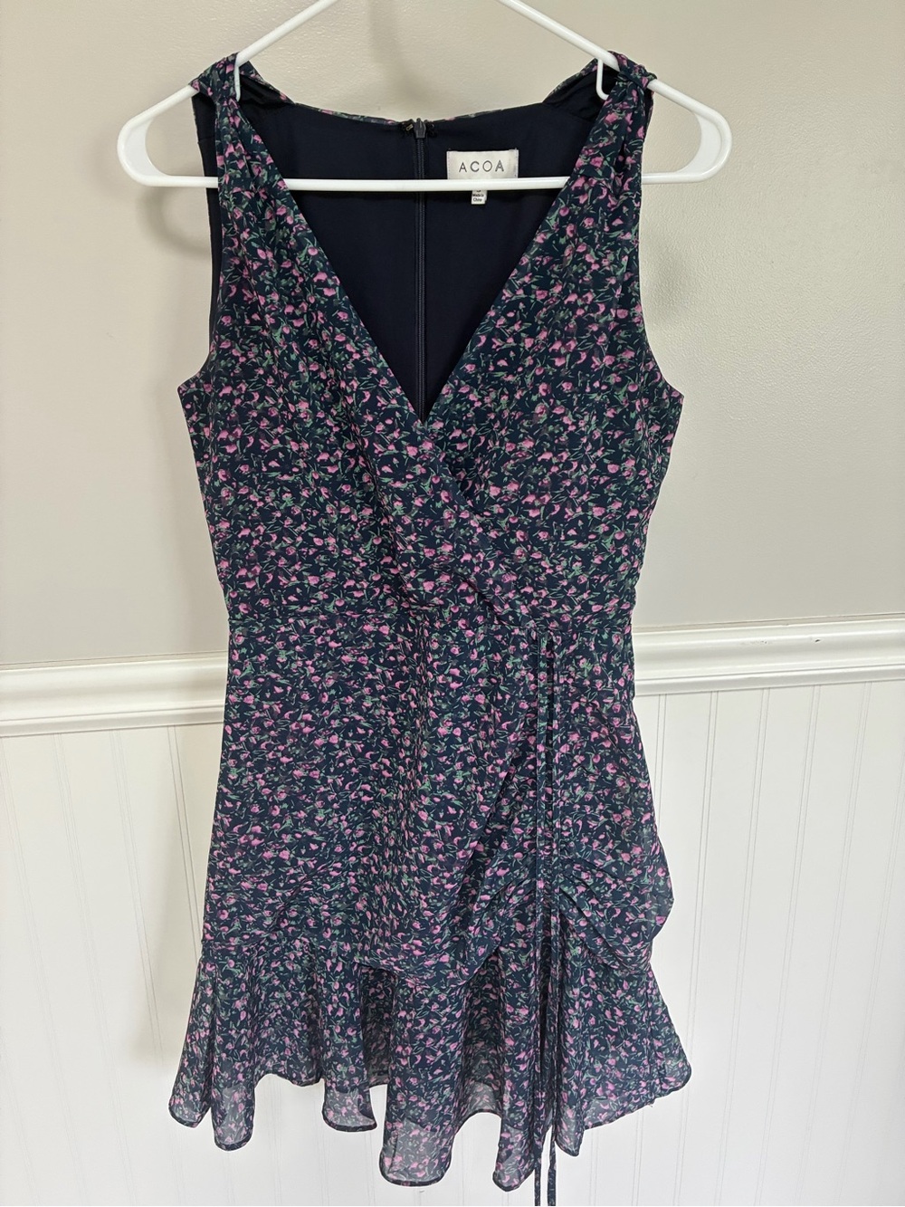 ACOA Navy Floral V-Neck Mini Dress with Pink Print